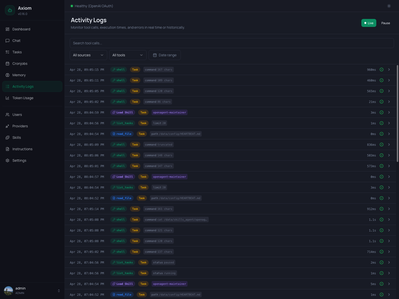 Screenshot of the Activity Logs page