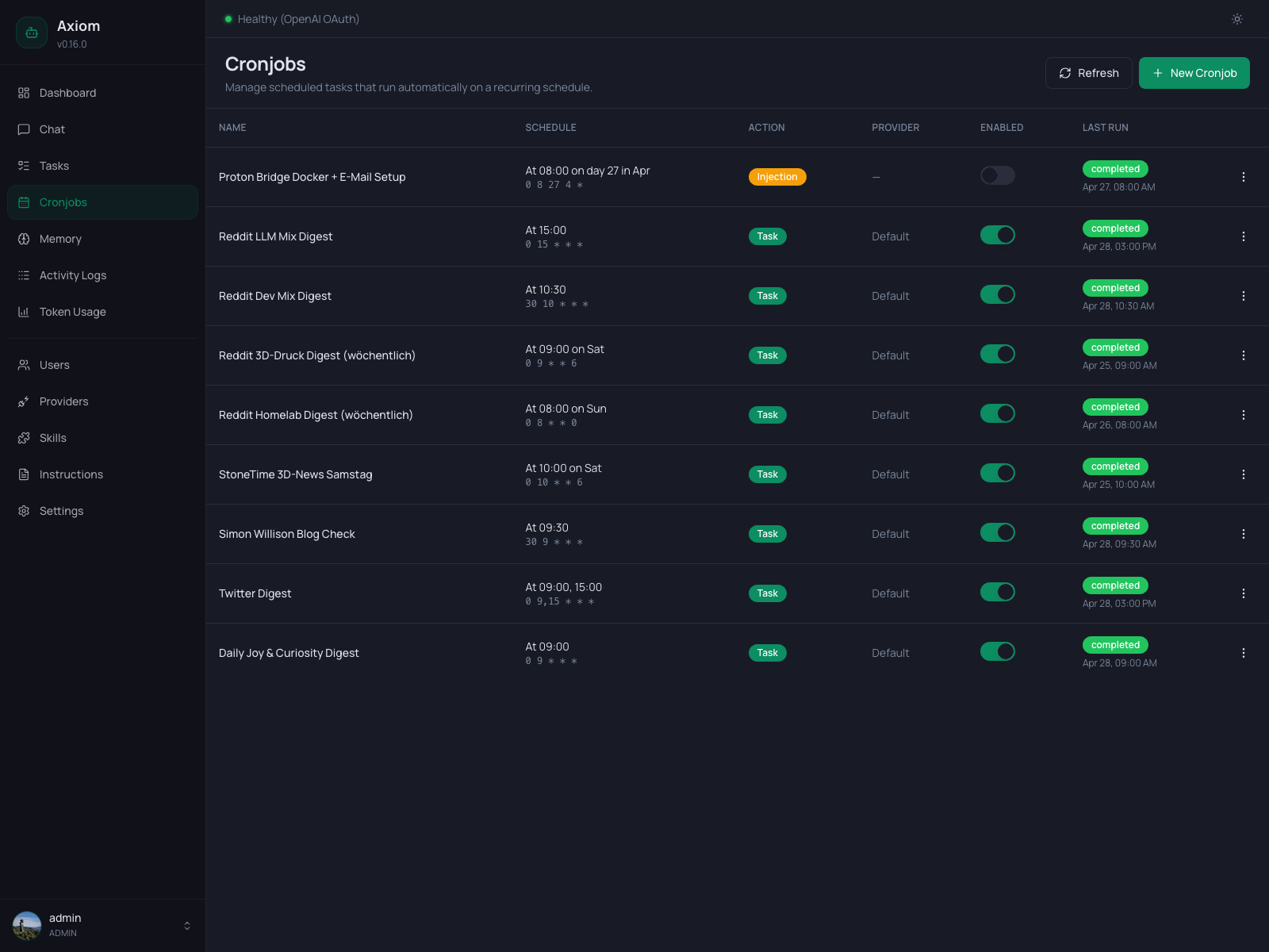 Screenshot of the Axiom Cronjobs list