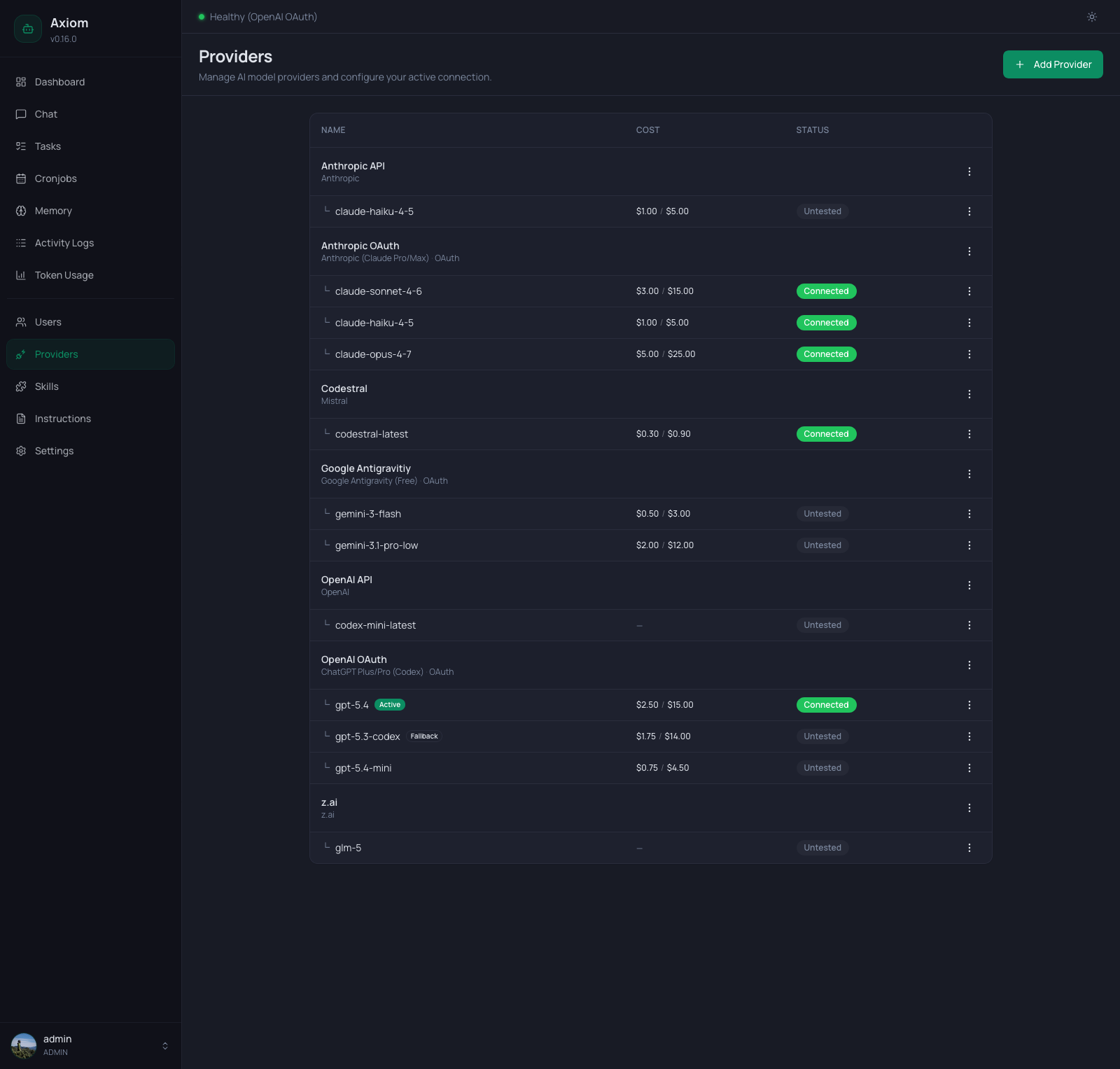 Screenshot of the Providers page