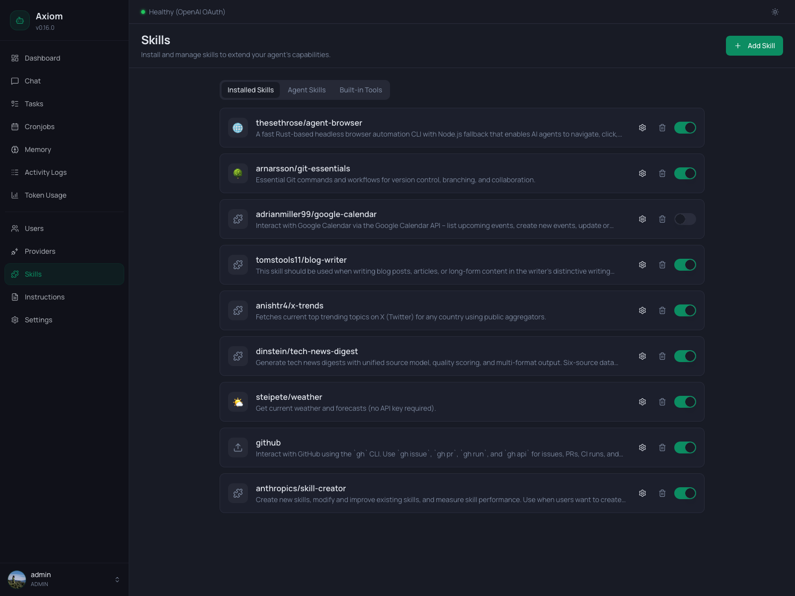 Screenshot of the Skills page showing the Installed Skills tab