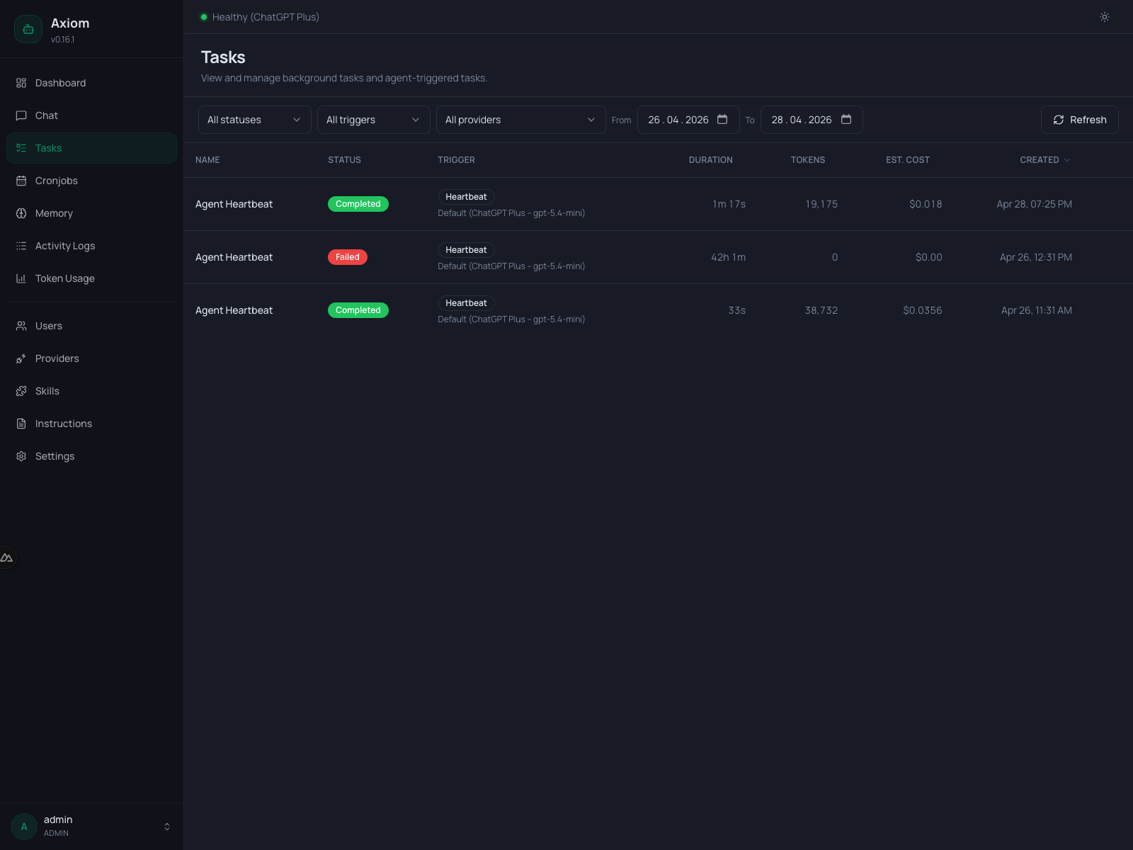 Screenshot of the Axiom Tasks list